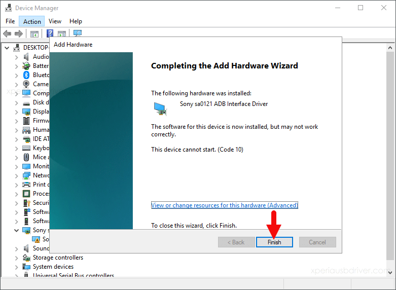 device manager add hardware wizard finish